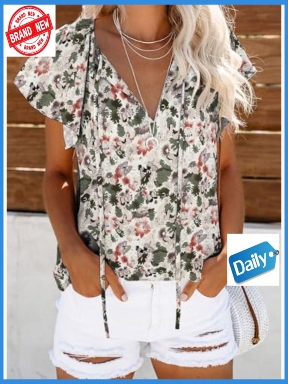 Boho Floral V-Neck Blouse, Short Sleeve Summer Top, Loose Fit - Picture 2 of 7